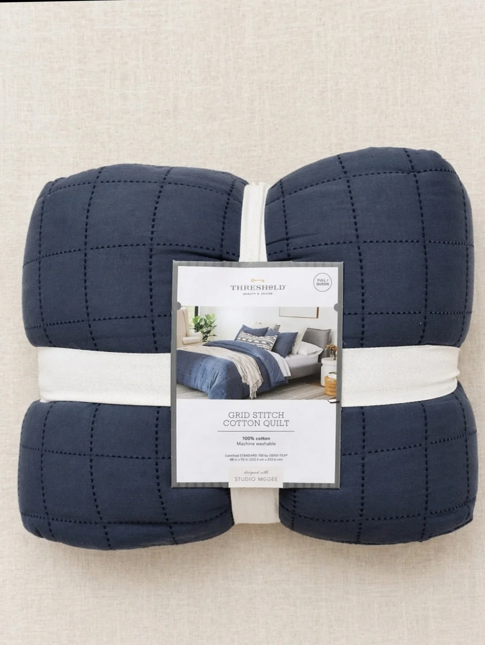Textured Cotton Grid Stitch Quilt Navy Full/Queen | Studio McGee Designer Look